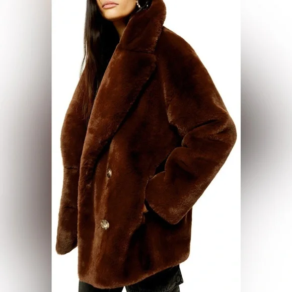 Topshop Women’s Ally Brown Soft Teddy Bear Faux Fur Coat size 12 - Picture 2 of 10